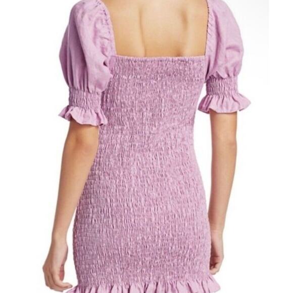 Faithfull The Brand Annibelis Mini Dress Sz M Purple Linen Smocked Puff Sleeve - Picture 3 of 16